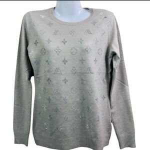 Designer Inspired Tan and Silver Monogram Knit Sweater
